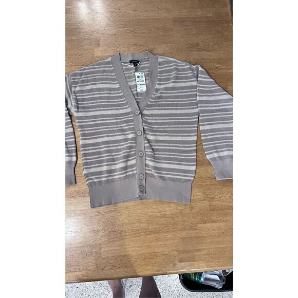 ALFANI COASTAL MODE TAN STRIPE CARDIGAN SWEATER WOMENS SZ M P1-261 - Picture 2 of 11